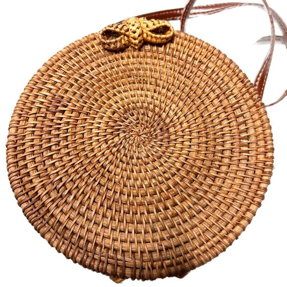 Womens Round Woven Straw Rattan Crossbody Bag Tan Leather Strap Floral Lined - Picture 11 of 16